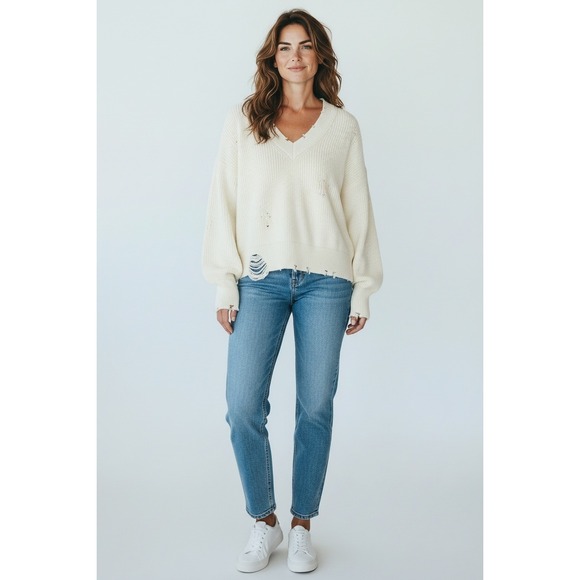 525 America Sweaters - 525 America Women's Distressed V Neck Sweater Chalk Cream, Size S, NWT